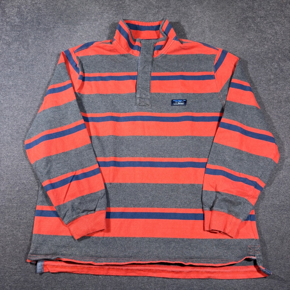 LL Bean Pullover Rugy Sweater Mens Large Gray Orange Striped Mock Neck Cotton